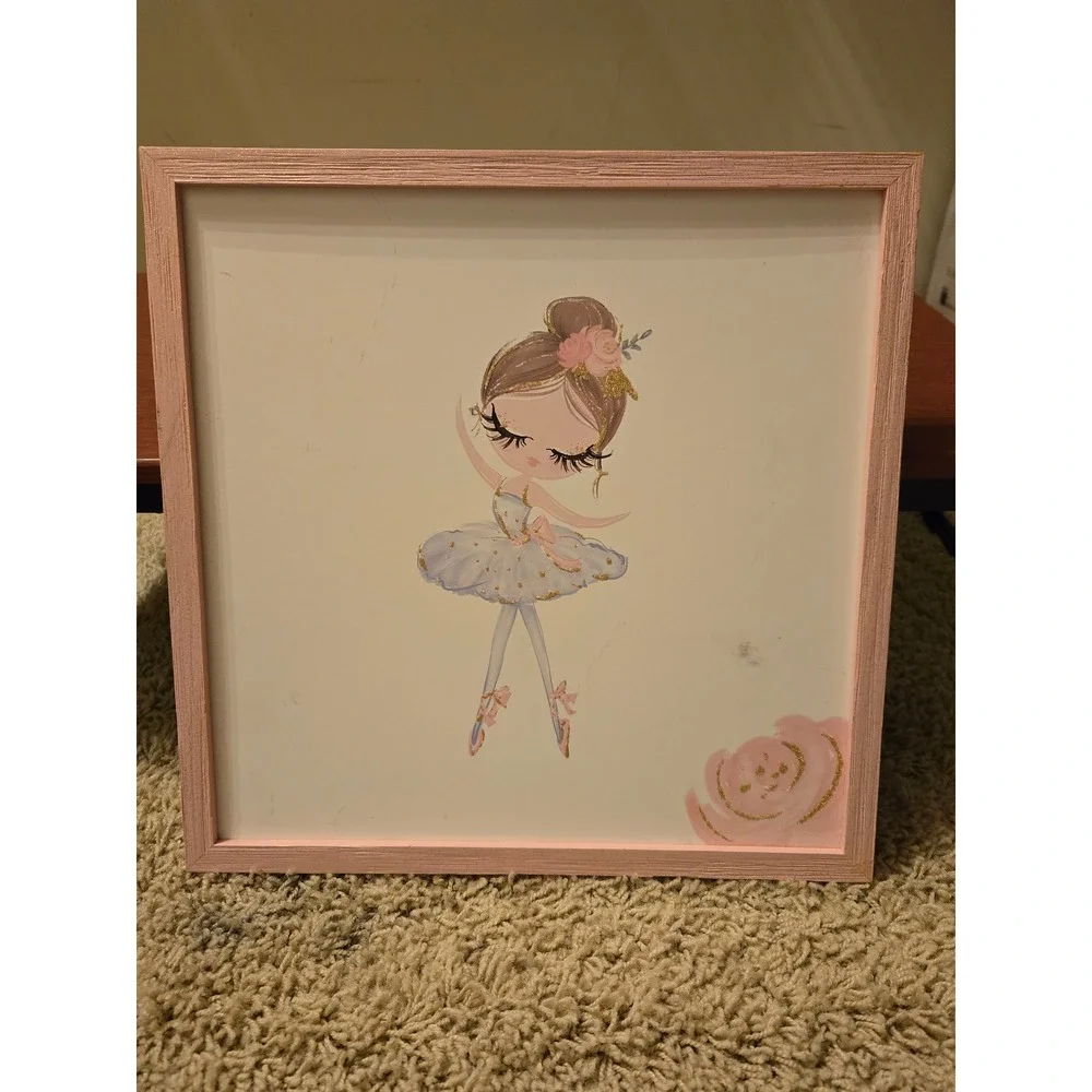 Hobby Lobby Ballerina Framed Wall Art Pink Gold‎ Glitter Nursery Decor 12x12